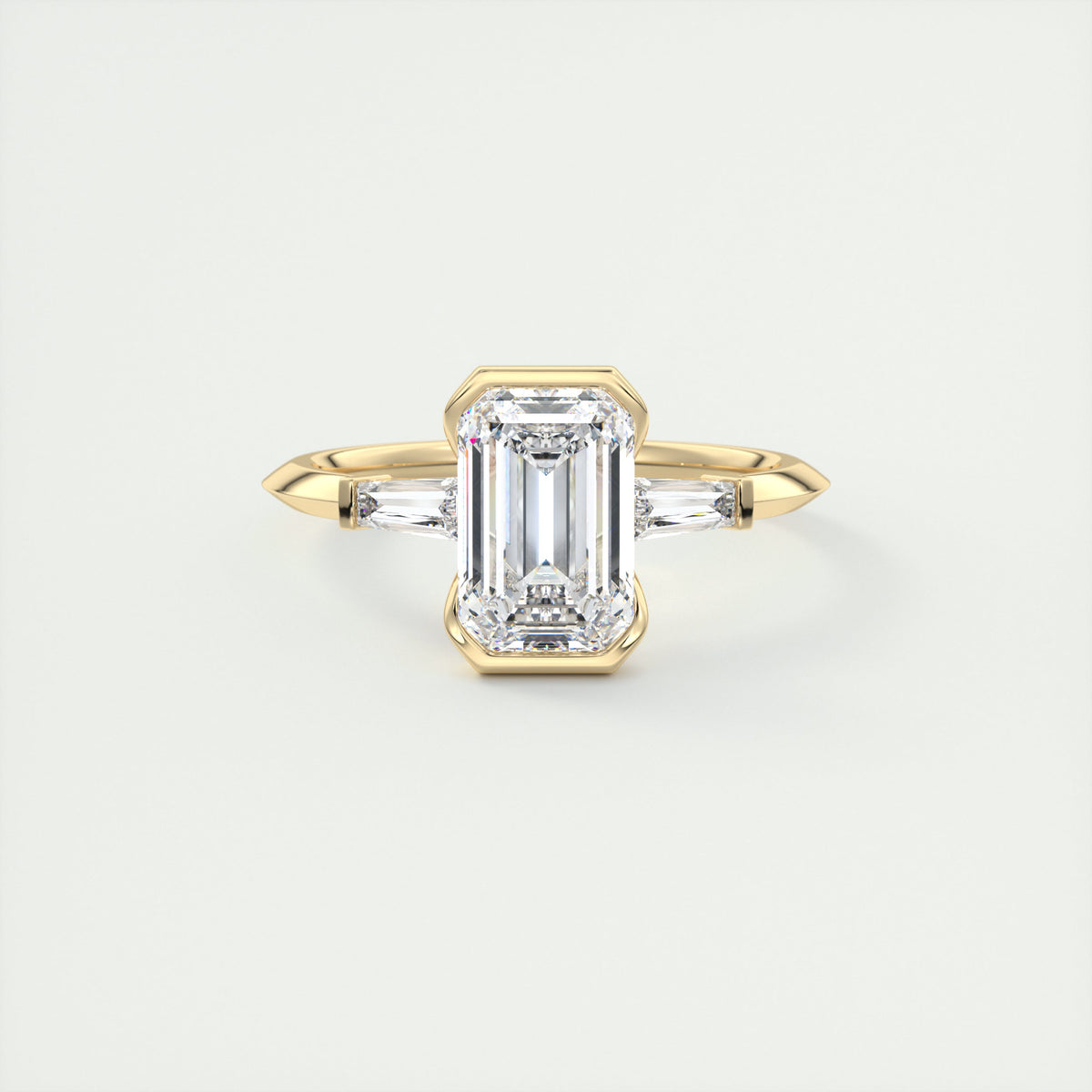 2 Carat Emerald Cut Half Bezel Three-Stone Engagement Ring