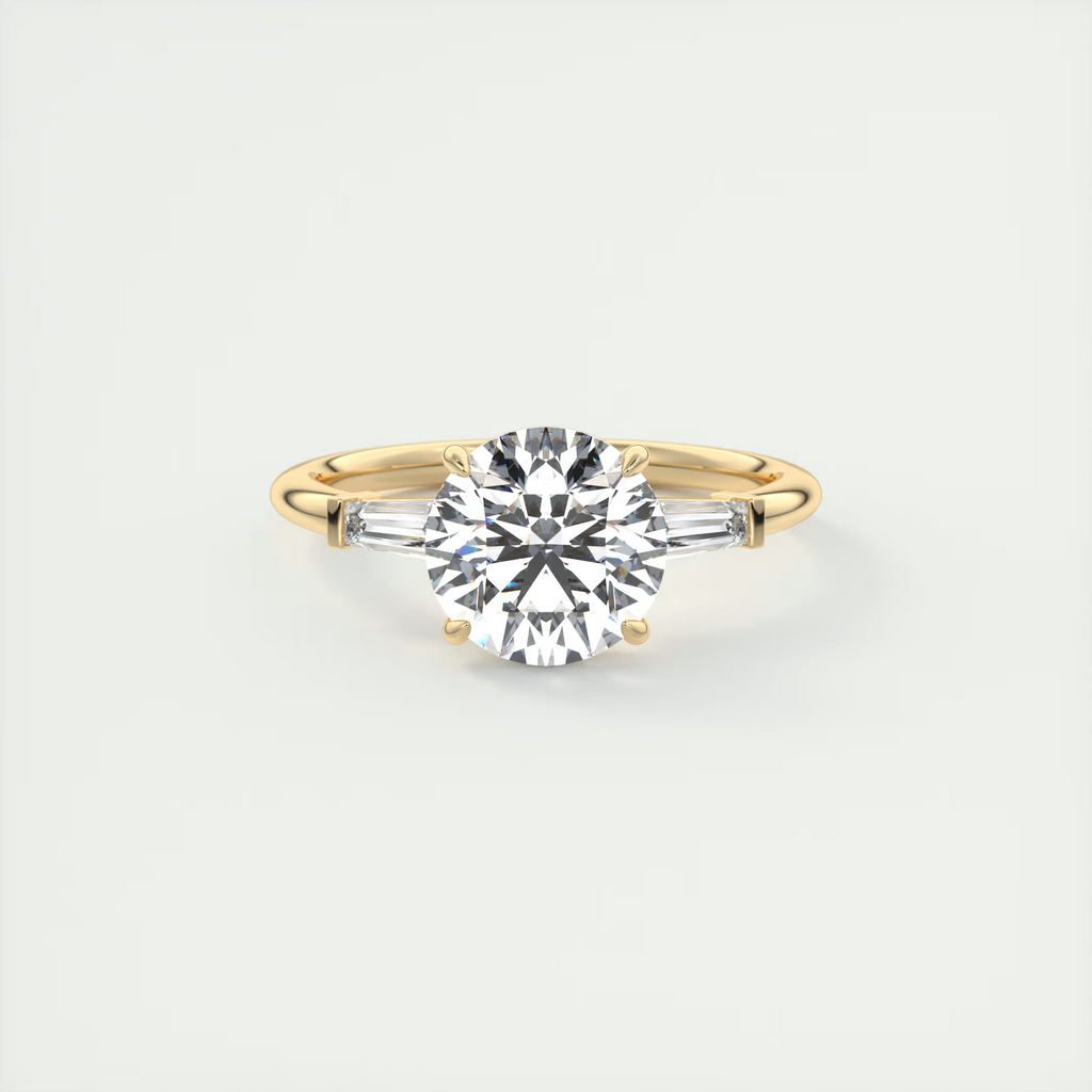 2 Carat Round Plunge Three-Stone Engagement Ring with Baguettes