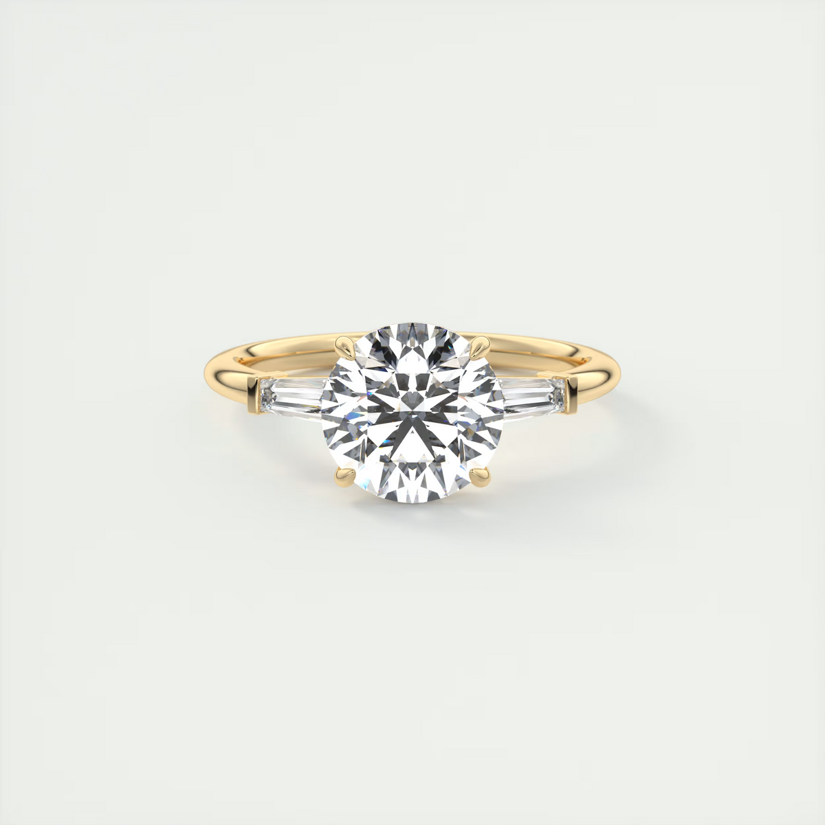 2 Carat Round Plunge Three-Stone Engagement Ring with Baguettes