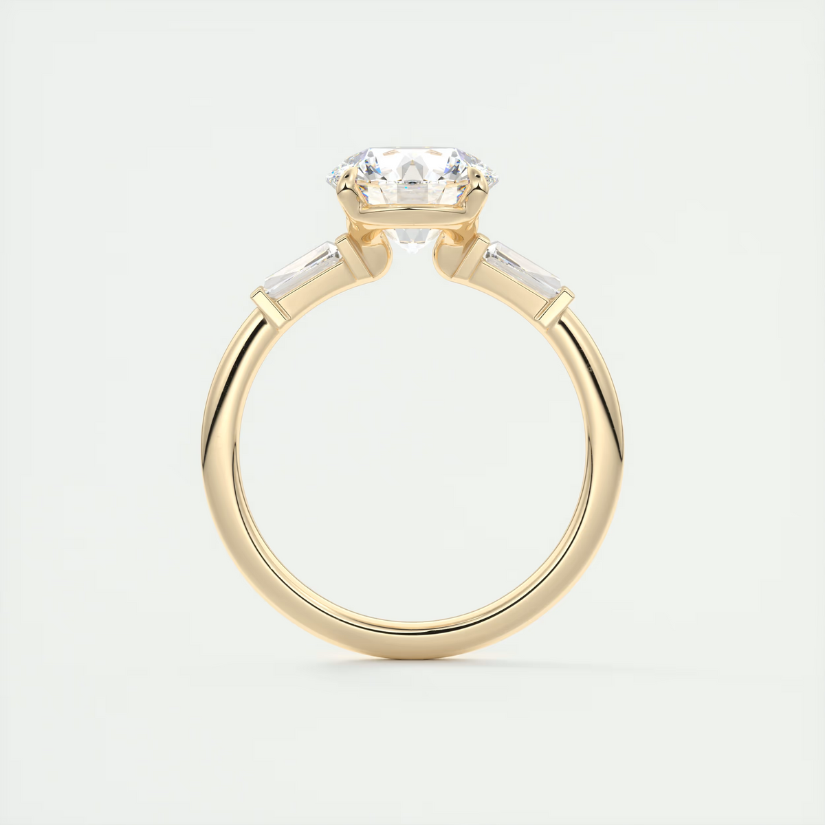 2 Carat Round Plunge Three-Stone Engagement Ring with Baguettes