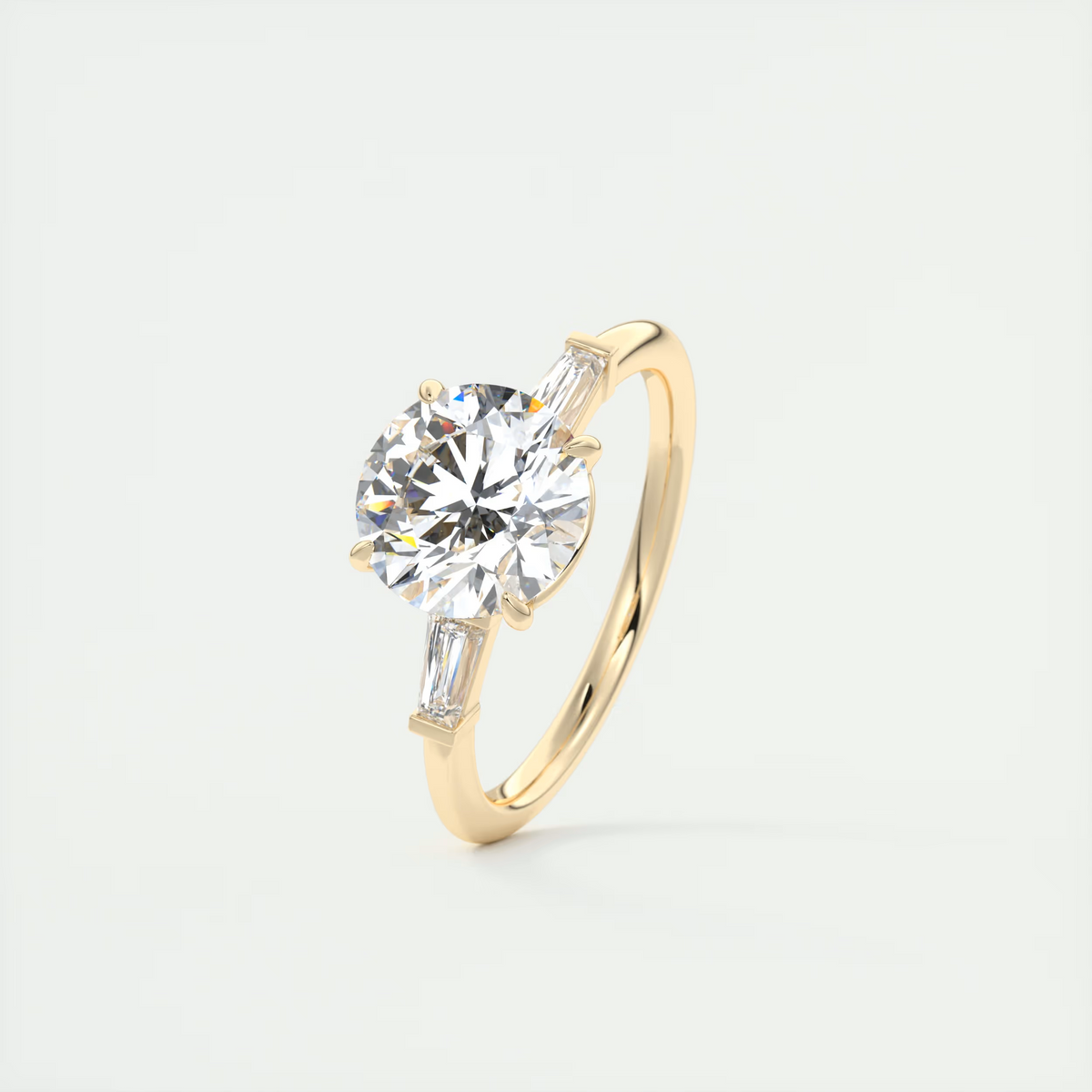 2 Carat Round Plunge Three-Stone Engagement Ring with Baguettes
