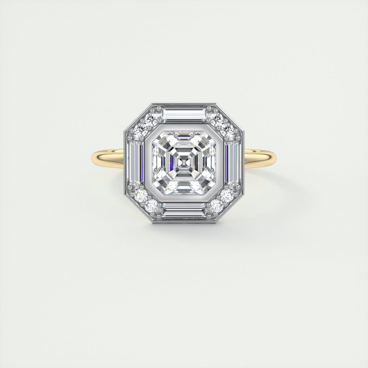 Glamour 2 Carat Asscher Center Baguette & Round Halo