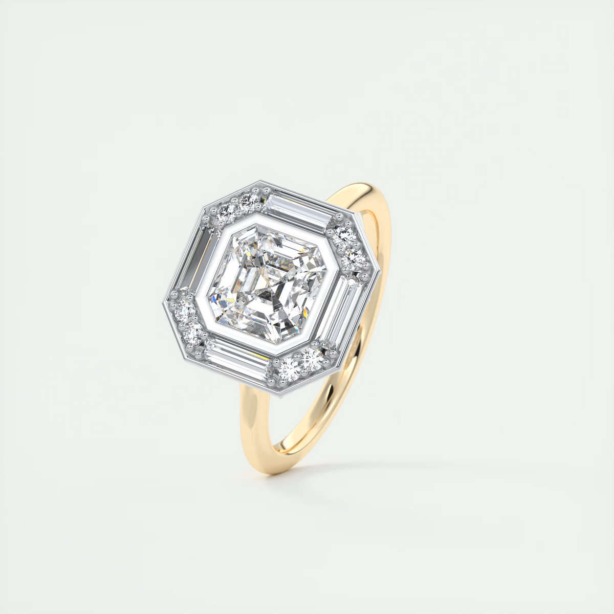 Glamour 2 Carat Asscher Center Baguette & Round Halo