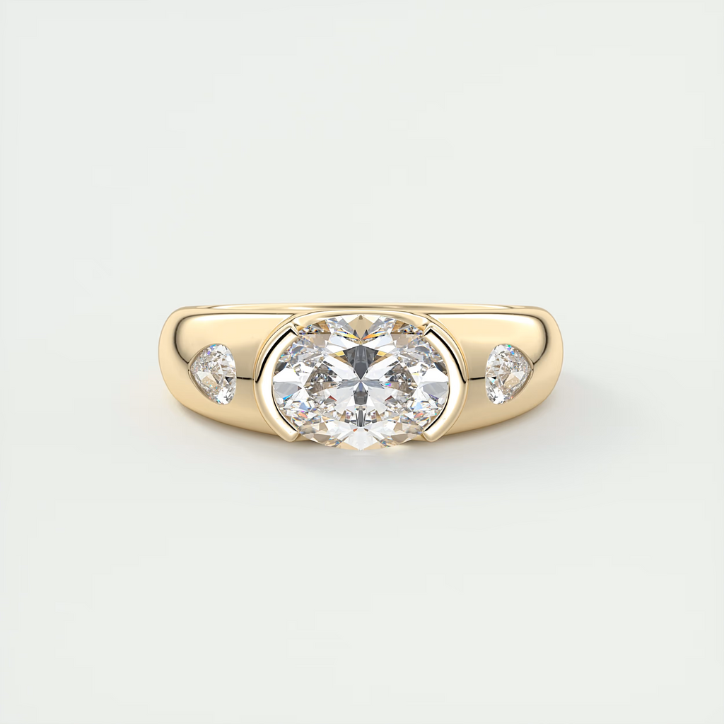 1.5 Carat Oval Chunky Half Bezel Three-Stone Ring