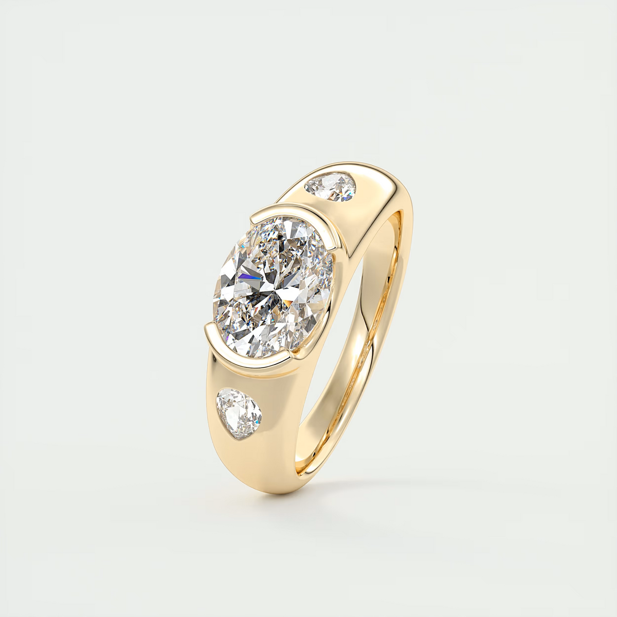 1.5 Carat Oval Chunky Half Bezel Three-Stone Ring