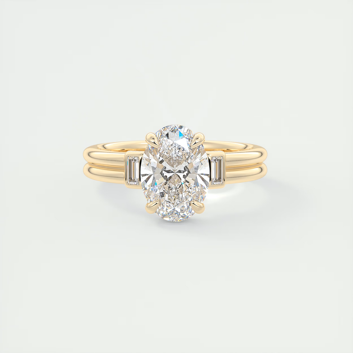 2 Carat Oval Three-Stone Engagement Ring with Tapered Baguettes