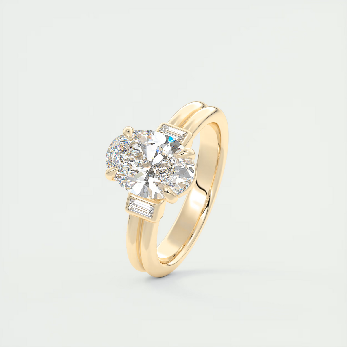 2 Carat Oval Three-Stone Engagement Ring with Tapered Baguettes