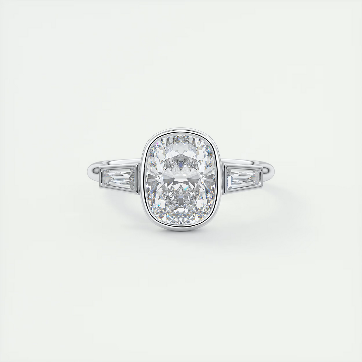 2 Carat Cushion Bezel Set Three-Stone Engagement Ring - White Gold