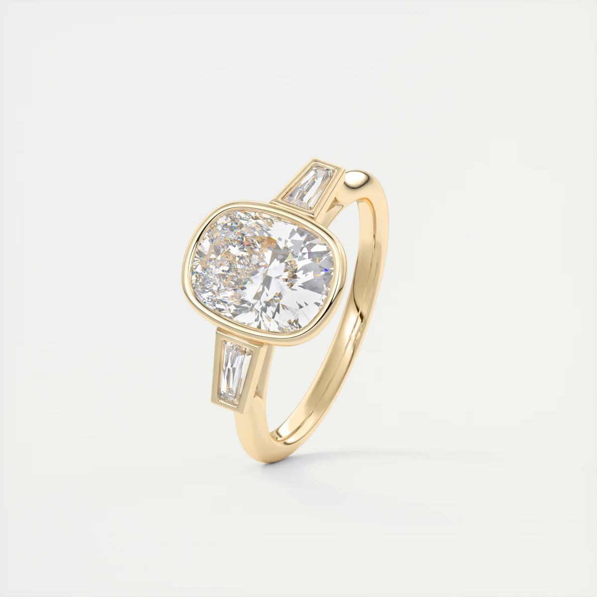 2 Carat Cushion Bezel Set Three-Stone Engagement Ring