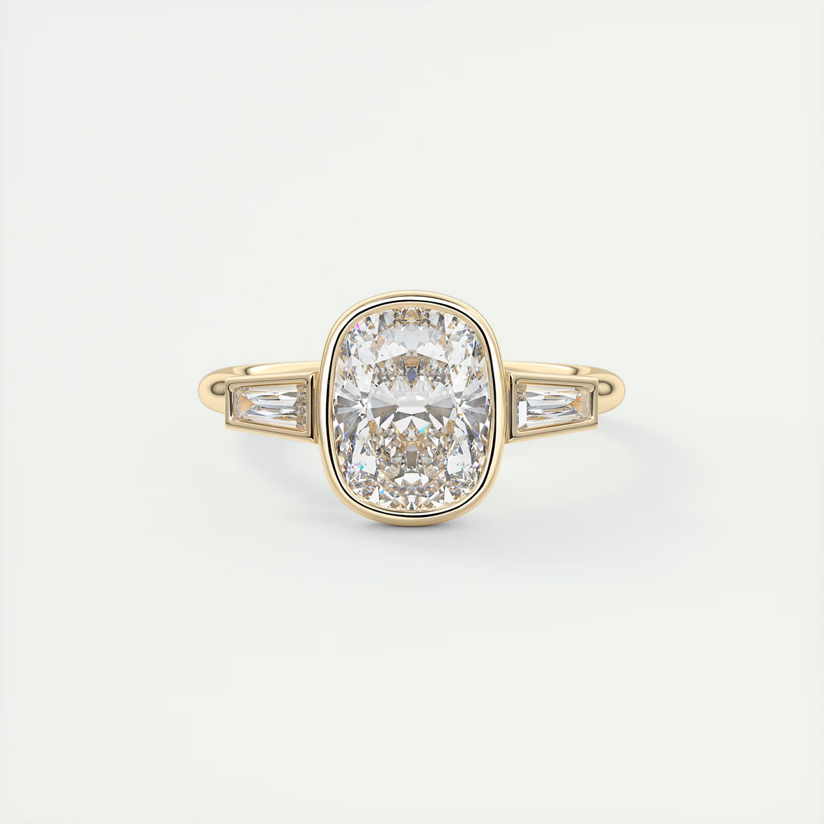 2 Carat Cushion Bezel Set Three-Stone Engagement Ring