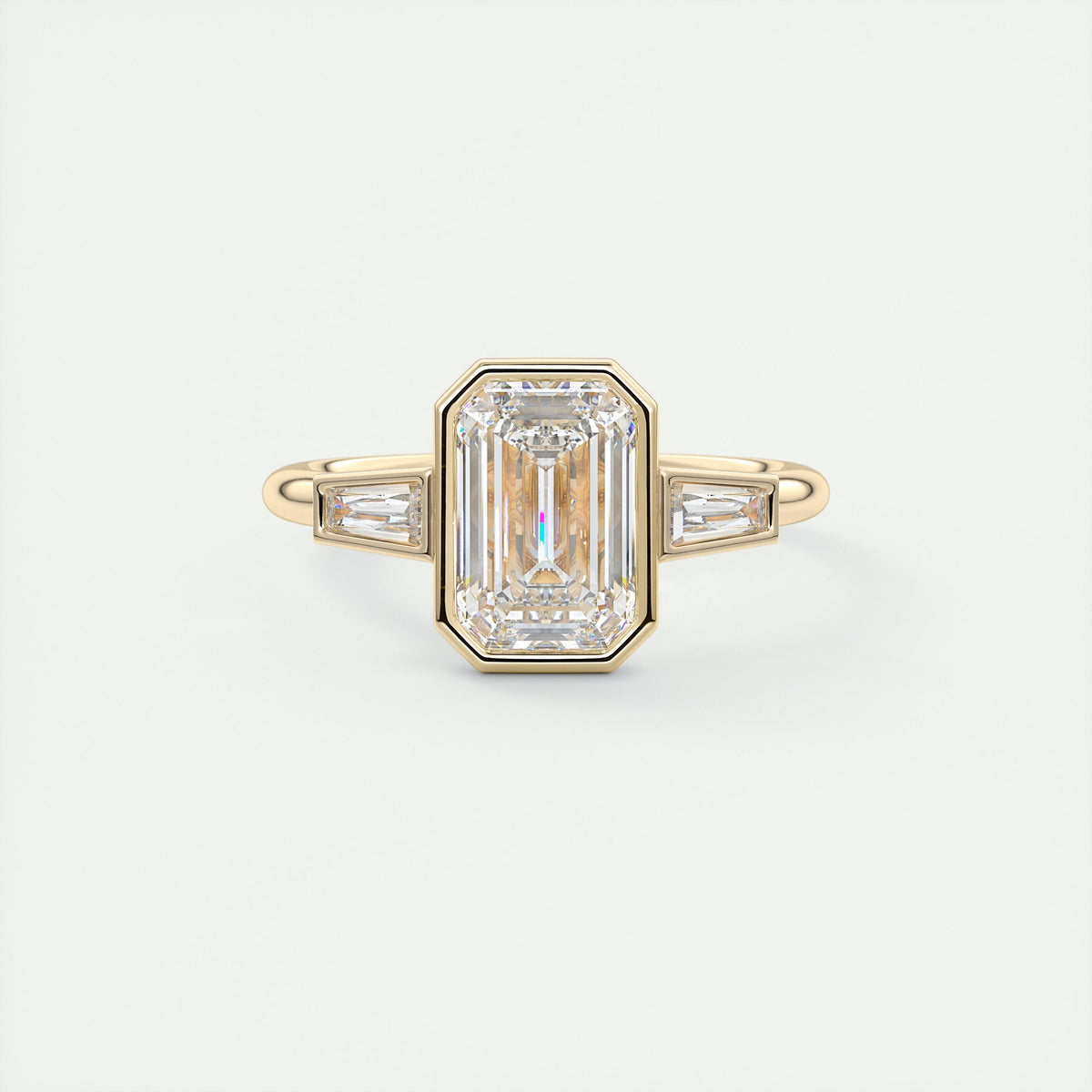 2 Carat Emerald Cut Bezel Set Three-Stone Engagement Ring