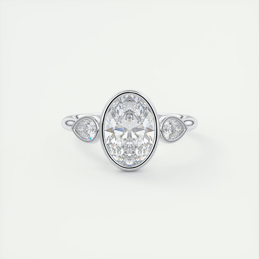 2 Carat Oval Bezel Set Three-Stone Engagement Ring - White Gold