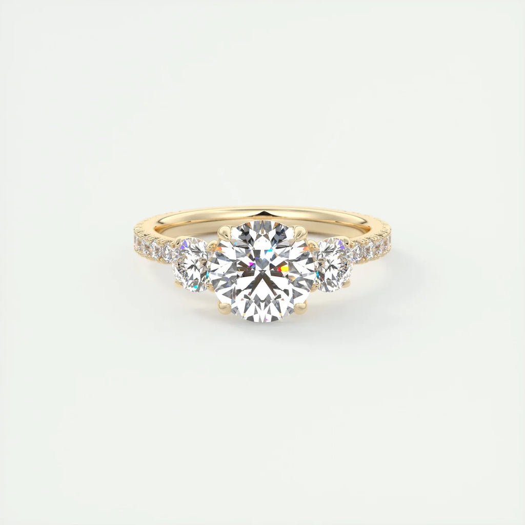 2 Carat Round Floral Three-Stone Engagement Ring – 1.8mm French Set Pavé