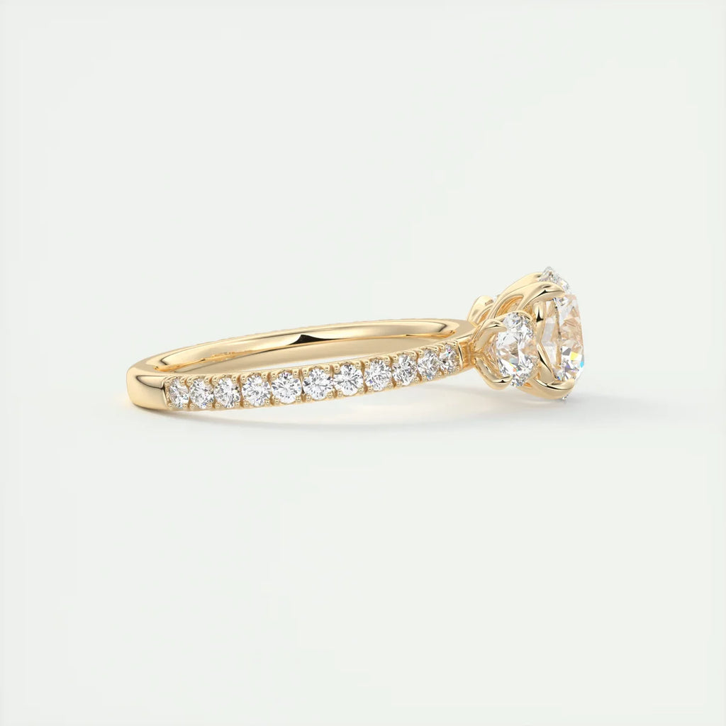 2 Carat Round Floral Three-Stone Engagement Ring – 1.8mm French Set Pavé