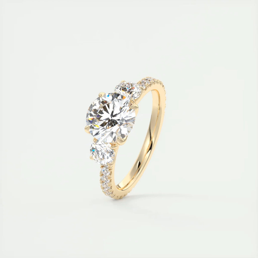 2 Carat Round Floral Three-Stone Engagement Ring – 1.8mm French Set Pavé
