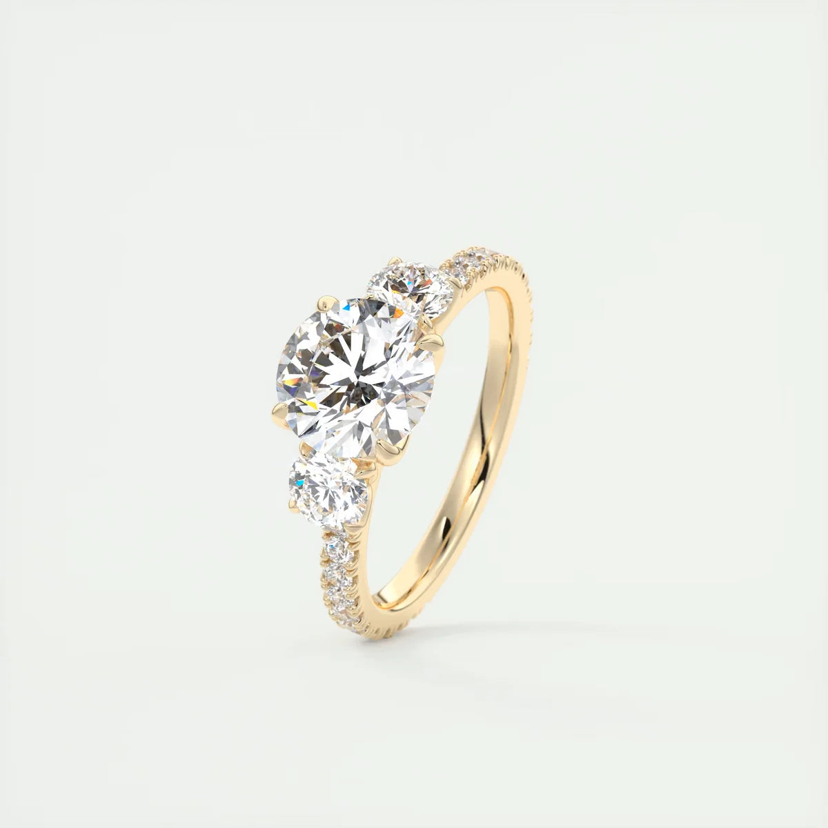 2 Carat Round Floral Three-Stone Engagement Ring – 1.8mm French Set Pavé