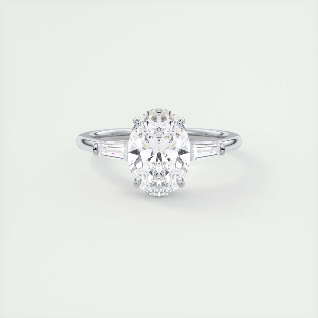 2 Carat Oval Flush Stacking Three-Stone Engagement Ring with Baguettes - White Gold