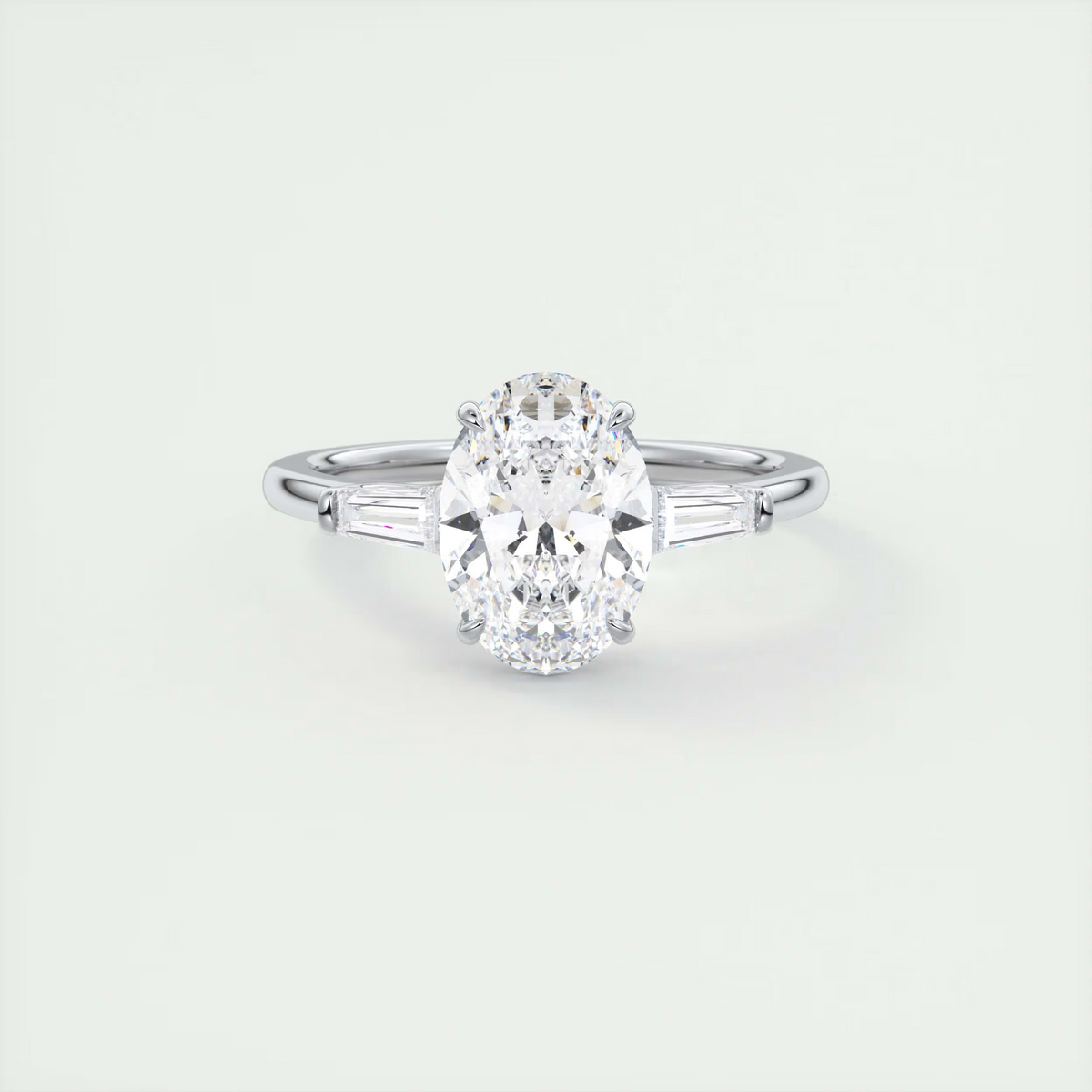 2 Carat Oval Flush Stacking Three-Stone Engagement Ring with Baguettes - White Gold
