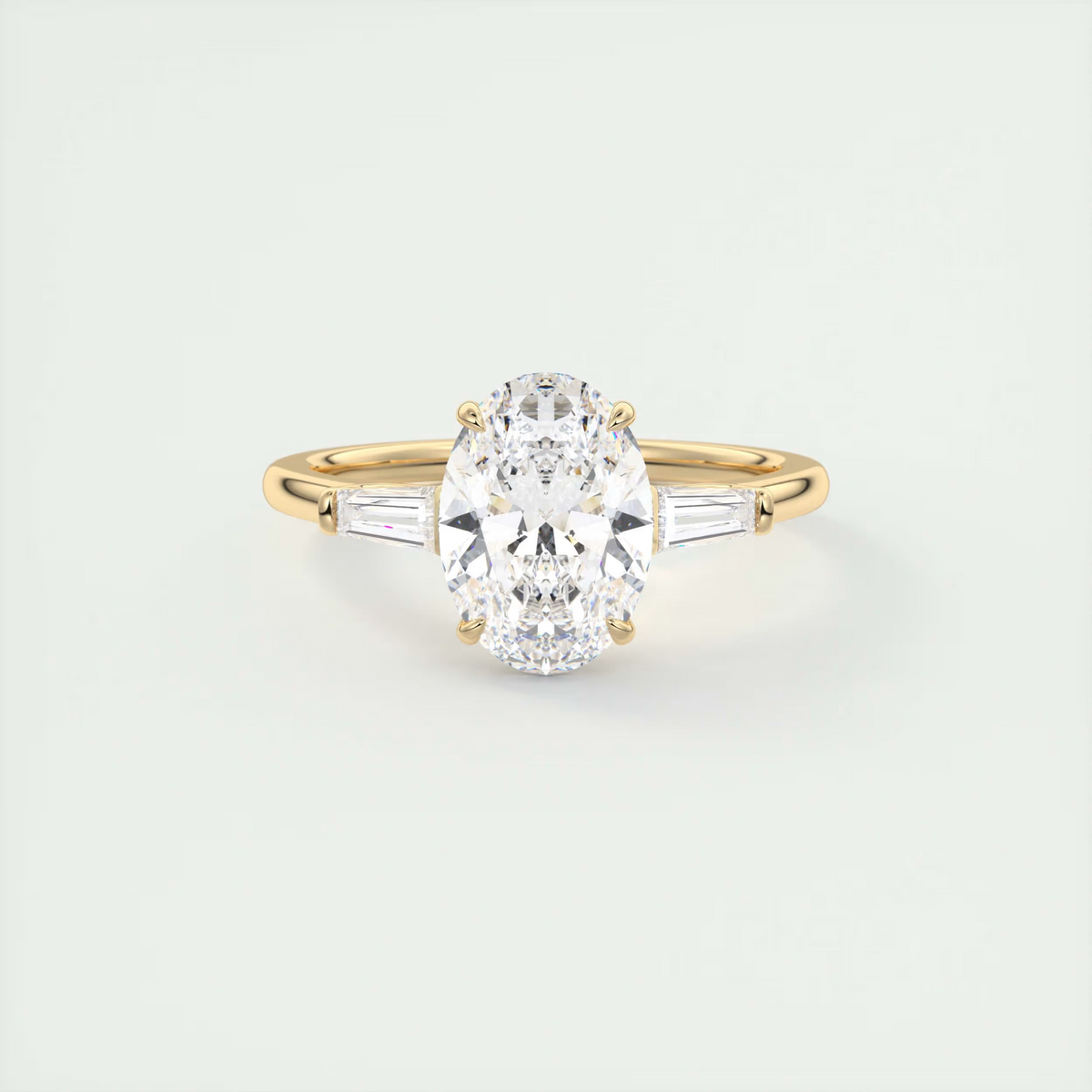 2 Carat Oval Flush Stacking Three-Stone Engagement Ring with Baguettes