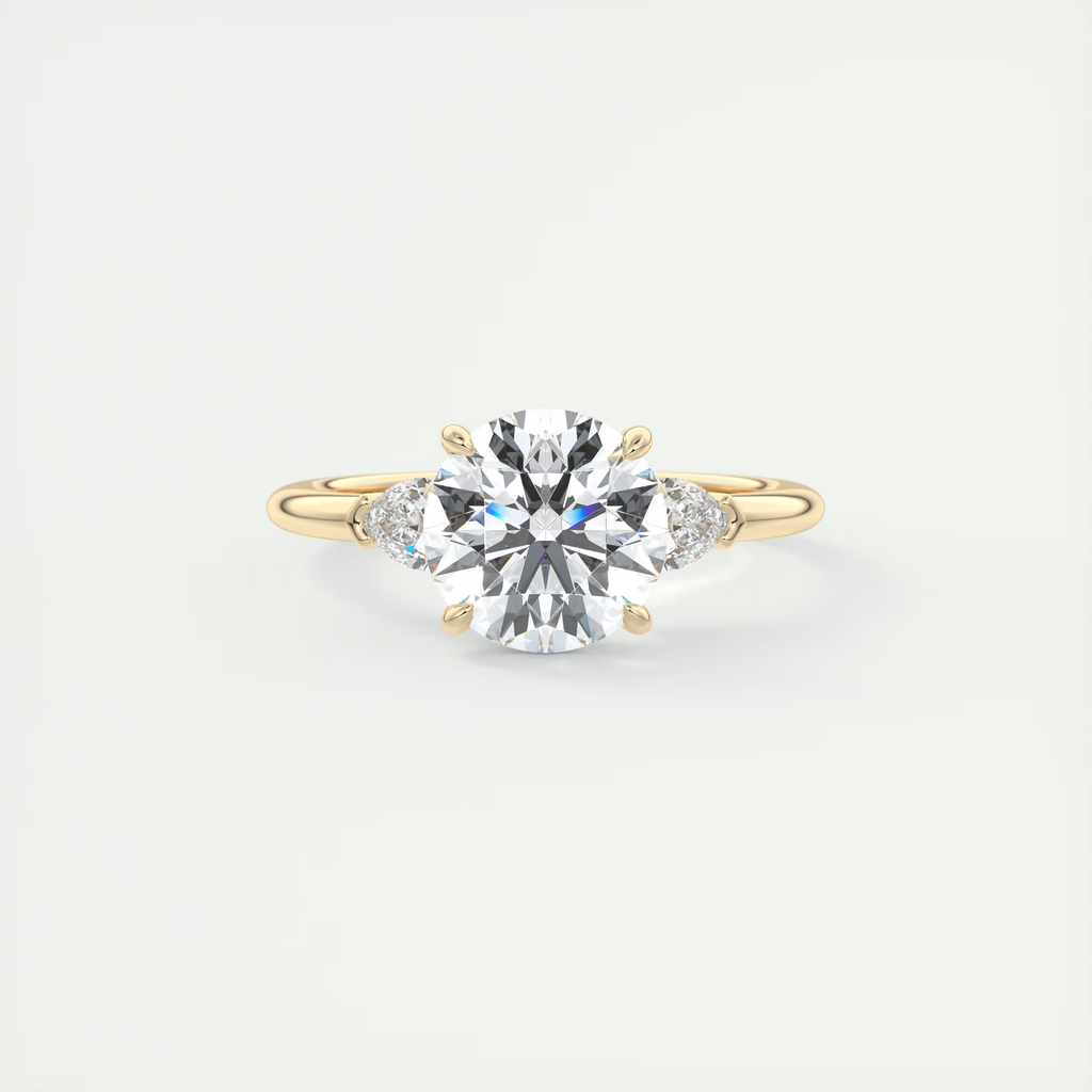 2 Carat Round Plunge Three-Stone Engagement Ring with Pear Side Stones