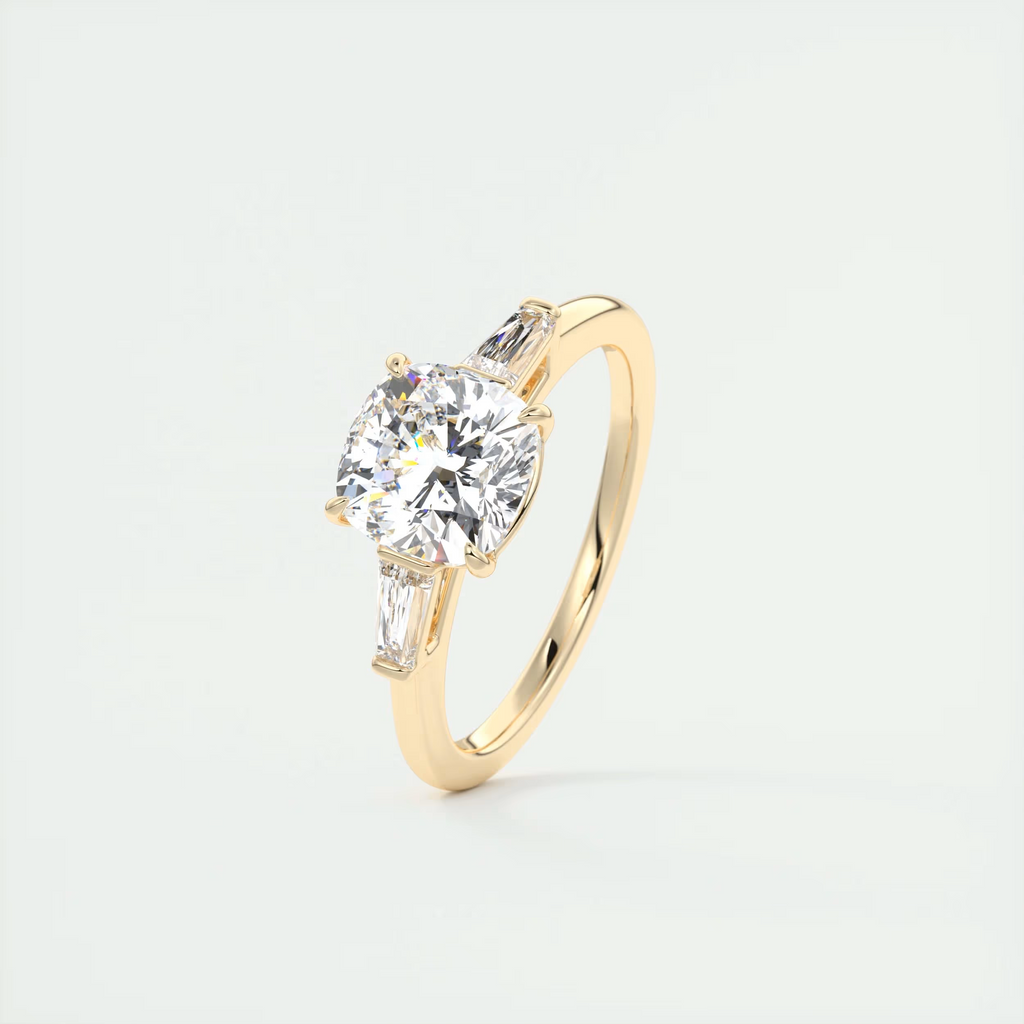 2 Carat Cushion Flush Stacking Baguette Three-Stone Engagement Ring