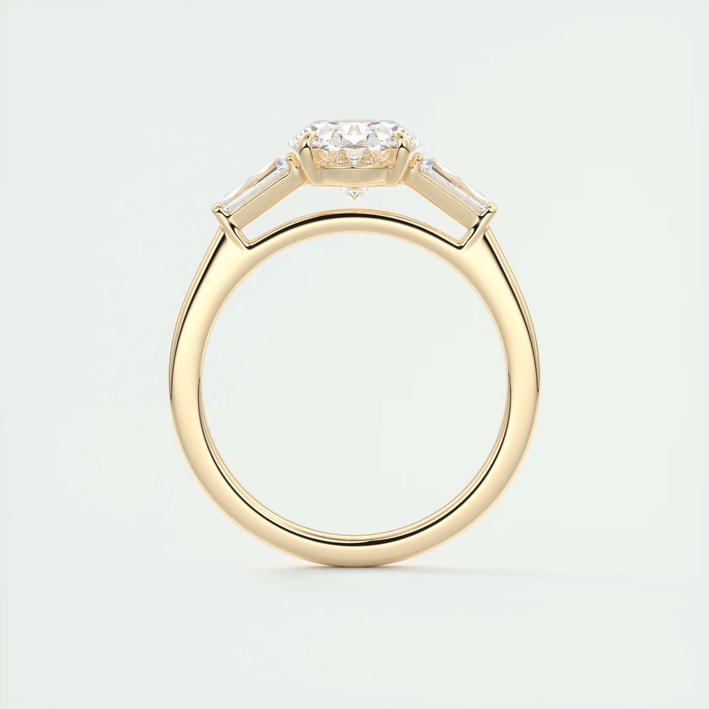 2 Carat Oval Flush Stacking Three-Stone Engagement Ring with Baguettes