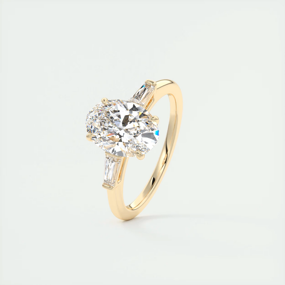 2 Carat Oval Flush Stacking Three-Stone Engagement Ring with Baguettes